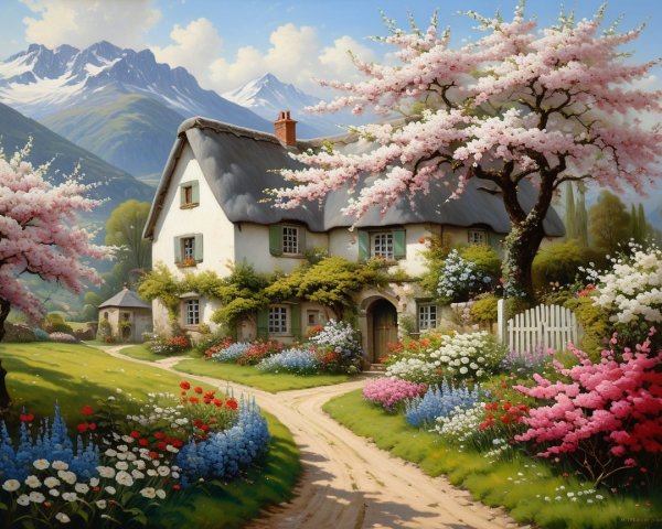Thatched-Roof Cottage Surrounded by Cherry Blossoms