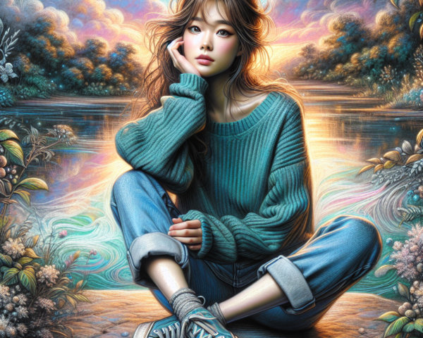 Young woman by serene lake at sunset in cozy sweater