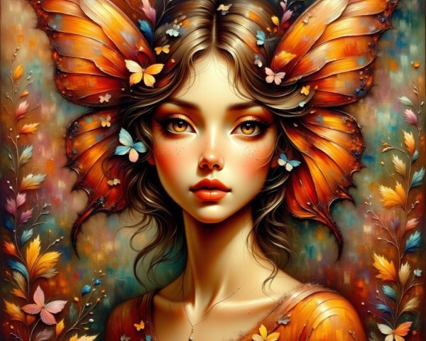 Portrait of a young woman with orange butterfly wings