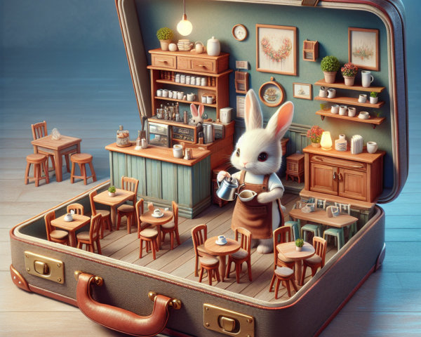 Miniature Café Inside an Open Suitcase with Bunny Barista