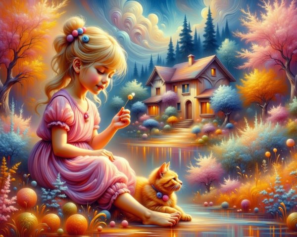 Young girl and cat by serene pond at sunset