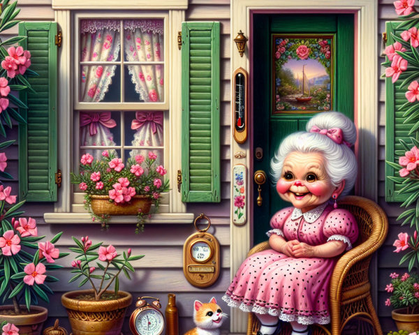 Cheerful Elderly Woman in a Quaint Cottage Setting