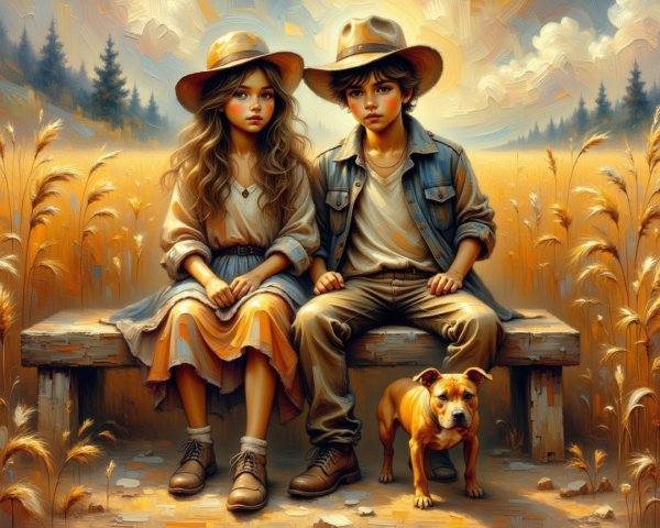 Children on a Bench in a Wheat Field with Dog