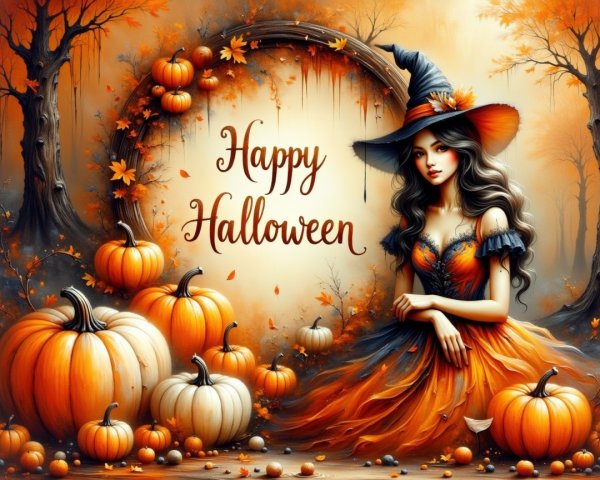 Whimsical Halloween Scene with Witch and Pumpkins