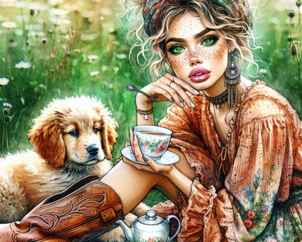 Young Woman in Floral Dress Enjoying Tea in Meadow