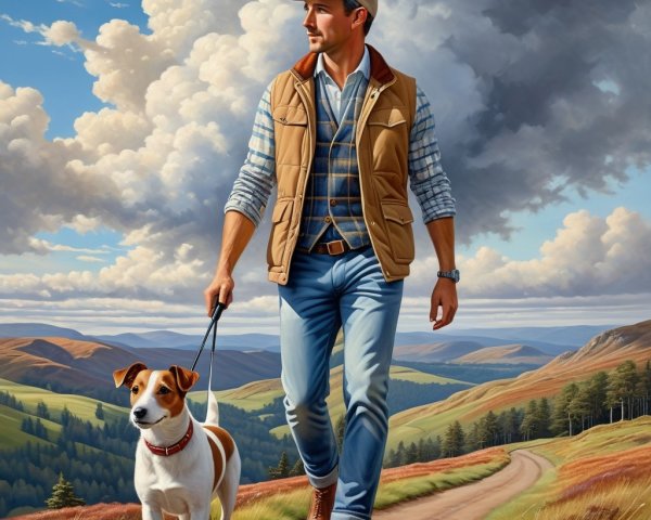 Man in Casual Outfit Walking Dog on Scenic Path