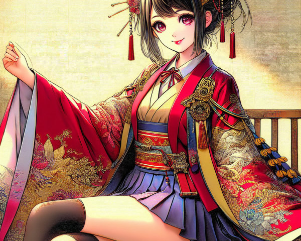 Young Woman in Vibrant Kimono on Wooden Bench