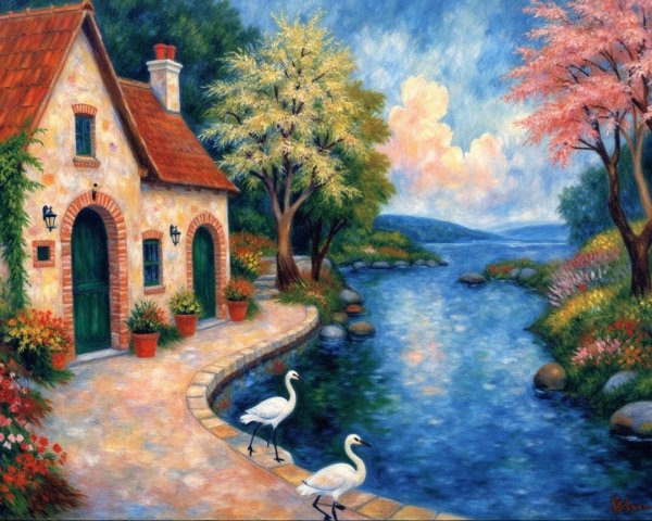 Cottage by a River Surrounded by Lush Nature