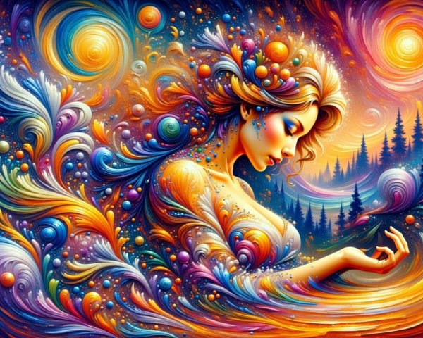 Vibrant Composition of Woman with Colorful Orbs