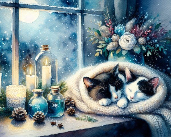 Cozy Winter Scene with Sleeping Cats and Snowflakes