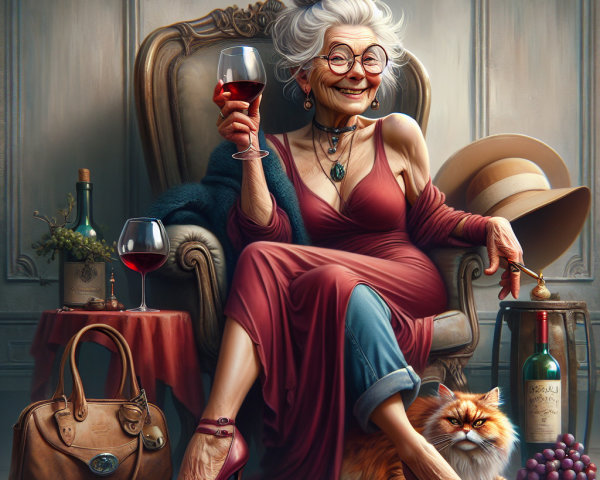 Elegant Elderly Woman in Red Gown with Cat and Wine