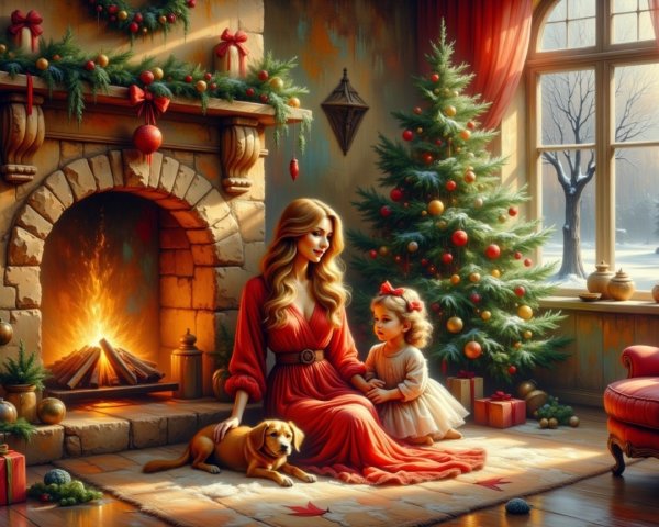 Cozy Christmas Scene by the Fireplace with Family