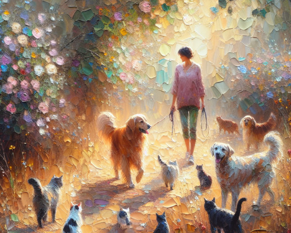 Impressionistic Scene of a Person with Pets Outdoors