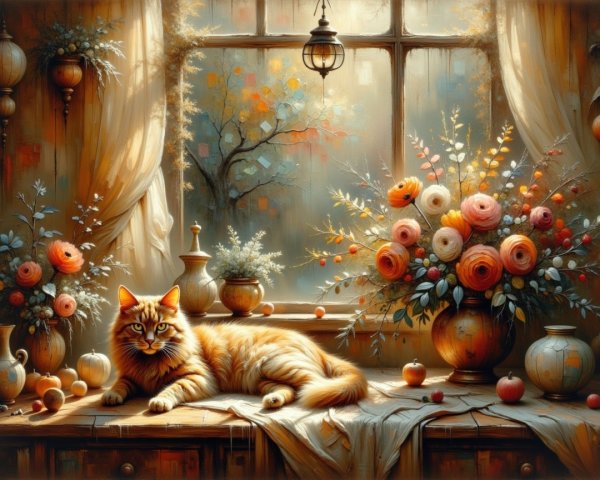 Fluffy Orange Cat on Table with Vibrant Flowers
