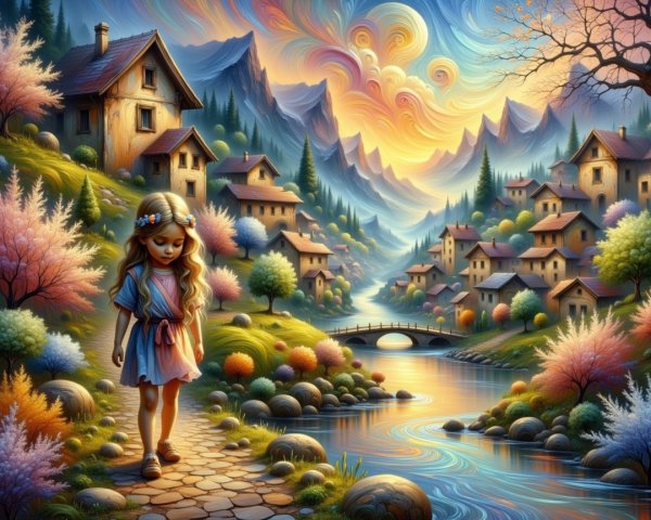 Whimsical Landscape with Young Girl by Serene River