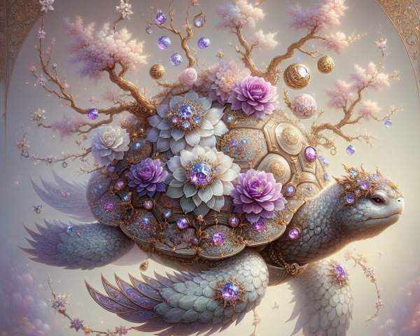 Majestic turtle with flowers and golden embellishments