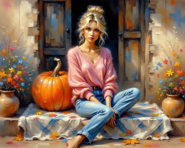 Young Woman on Rustic Porch with Autumn Decor