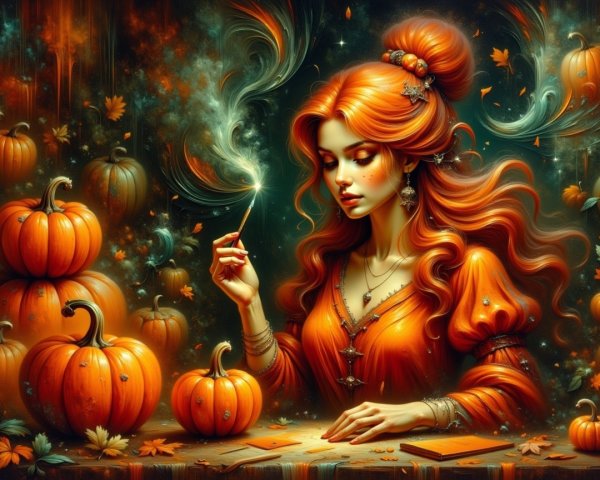 Mystical Woman in Orange Gown Surrounded by Pumpkins