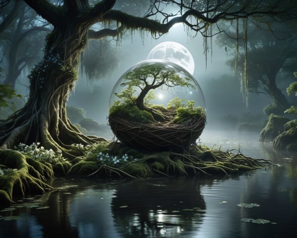 Mystical Night Swamp with Gnarled Tree and Moons