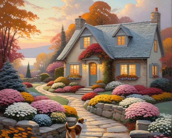 Cottage Surrounded by Autumn Foliage and Flowers