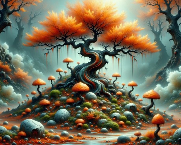 Whimsical Landscape with Stylized Tree and Mushrooms