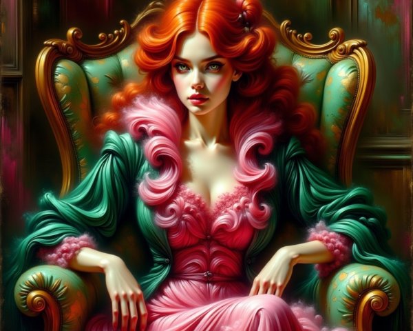 Elegant Woman in Pink Gown with Red Hair in Armchair