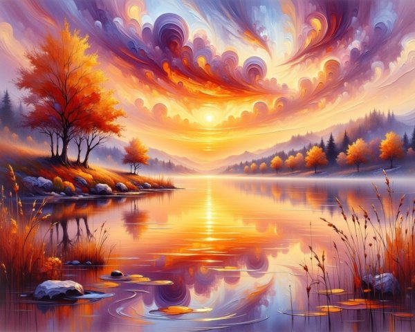 Serene Lake at Sunset with Vibrant Cloud Reflections