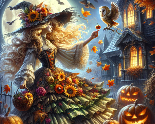 Enchanting Witch with Pumpkin and Autumn Leaves Scene