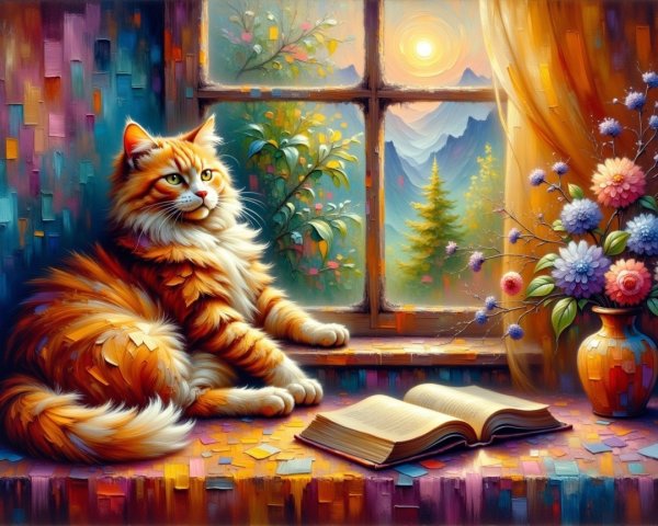 Fluffy orange cat on window ledge with flowers and book