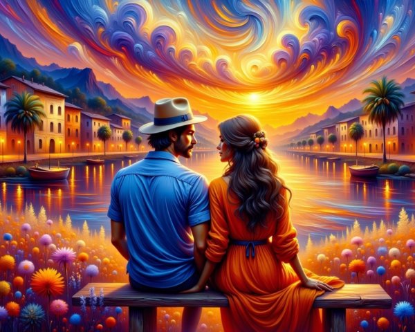 Couple on Bench by Vibrant River at Sunset