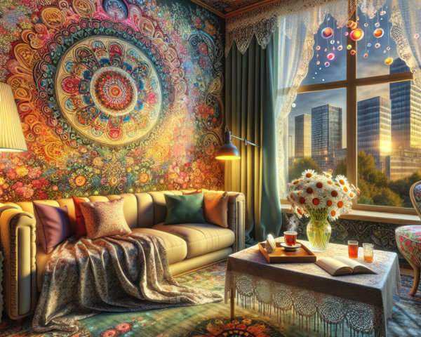 Vibrant Living Room with Floral Patterns and Cityscape