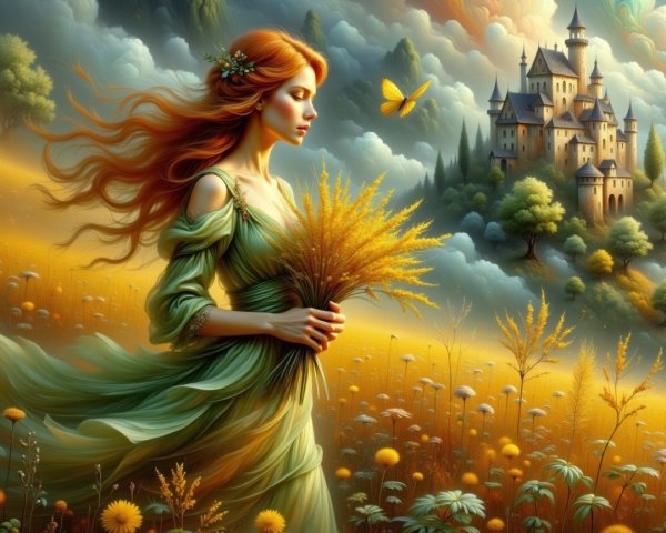 Woman in Green Dress in Vibrant Flower Field