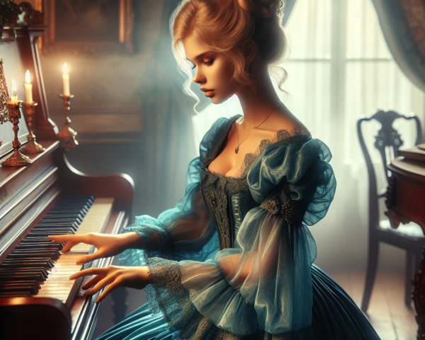 Elegant Woman in Blue Gown Playing Grand Piano