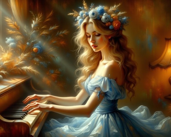 Young Woman in Blue Dress Playing Grand Piano