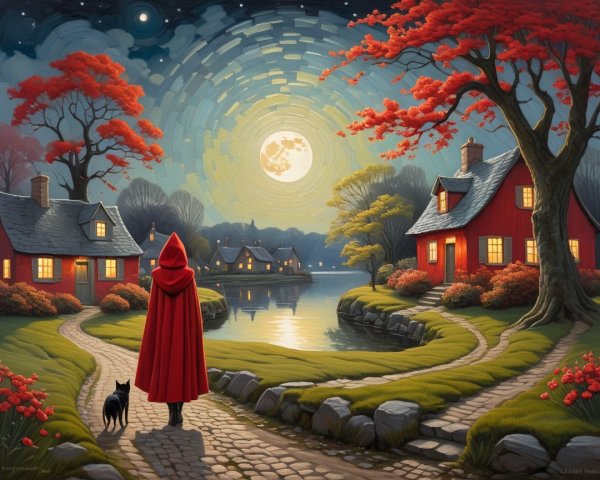 Serene Night Scene with Lake, Houses, and Moonlight