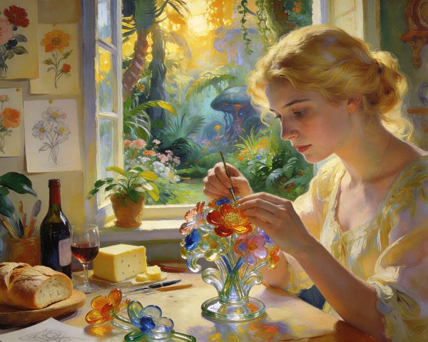 Blonde Woman Painting Glass Flowers by Open Window