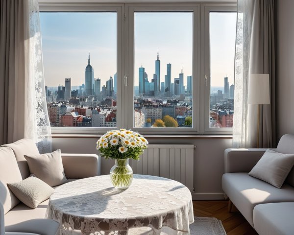 Cozy Living Room with City Skyline View and Daisies
