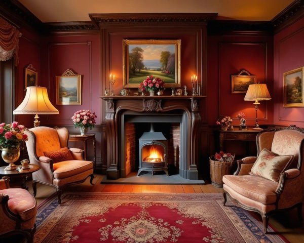 Elegant Cozy Interior with Fireplace and Artworks