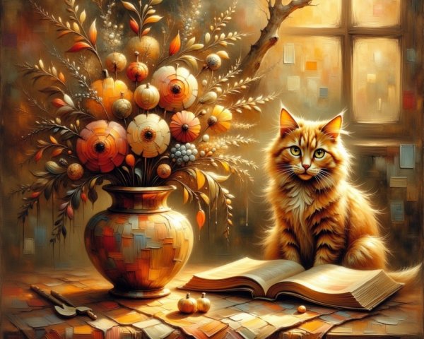 Cozy Indoor Scene with Autumn Flowers and Cat