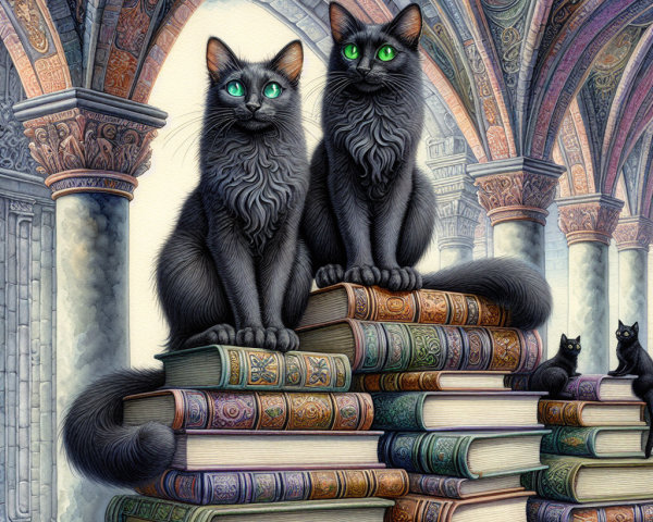 Fluffy black cats in a grand library with antique books