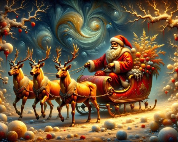 Whimsical Christmas Scene with Santa and Reindeer Sleigh
