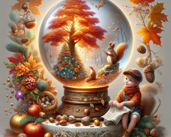Autumn Scene in a Snow Globe with Playful Elements
