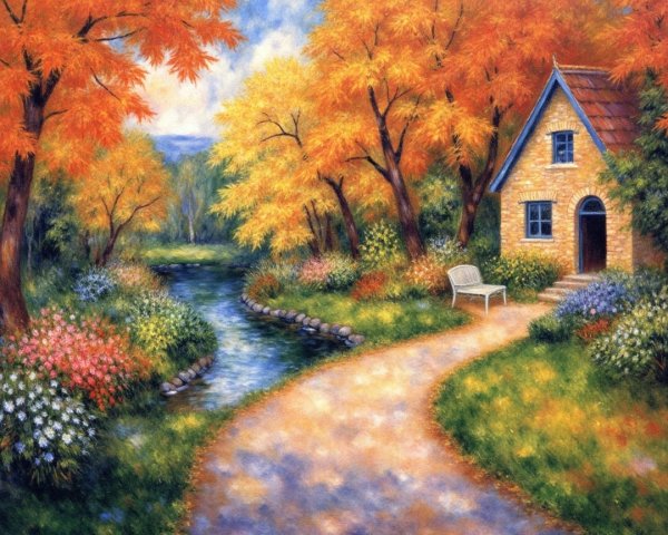Autumn Landscape with Cottage and Gentle Stream