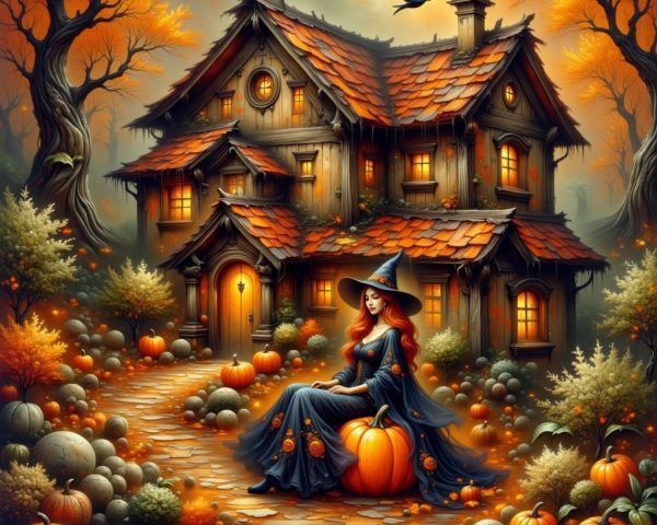 Cozy House Surrounded by Autumn Foliage and Witch