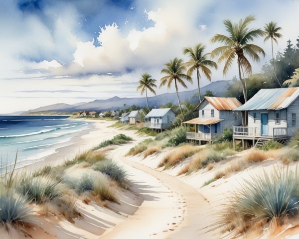Coastal Beach Scene with Cottages and Ocean Waves