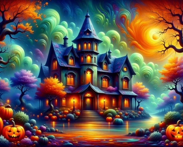 Vibrant Haunted House with Colorful Halloween Atmosphere