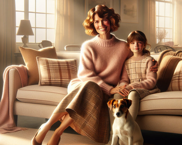 Cozy Living Room with Woman, Girl, and Dog