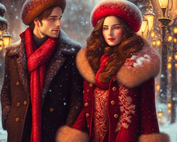 Couple Walking in Snowy Street with Glowing Lamps