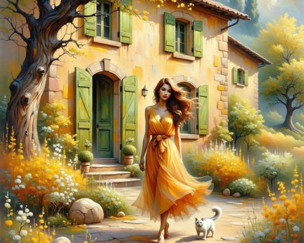 Woman in yellow dress walks on stone pathway with flowers