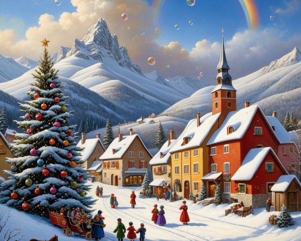 Winter Village Scene with Christmas Tree and Snowy Mountains